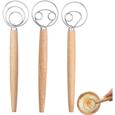 [NUNCA UTILIZADO]Batidor de masa danés de 3 piezas, batidor de masa con mango de madera, batidora de mano de acero inoxidable, para pan, repostería y pizza (3 tamaños incluidos) (1/4)