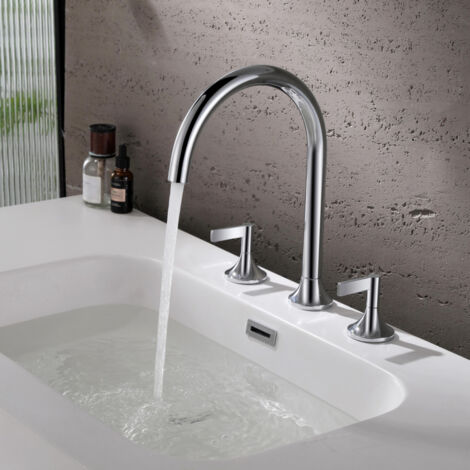 [NUNCA UTILIZADO]Grifo para lavabo de encimera de tres orificios, color gris dorado cepillado, de bronce, para baño, con interruptor doble dividido de cobre, para hotel