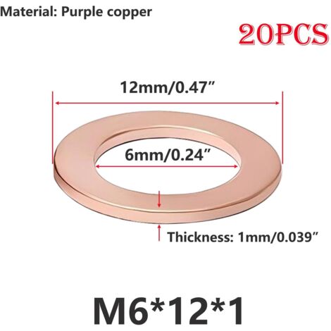 [NUNCA UTILIZADO]20 arandelas de cobre M6 planas, juntas tóricas de 6 mm de diámetro interior y 12 mm de diámetro exterior, arandelas de sellado planas para tornillos y pernos. (1/5)
