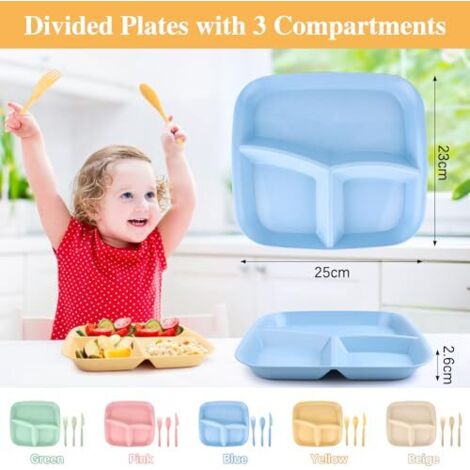 Set De 4 Platos Divididos De 3 Compartimentos (24.5cm) - Control De Porciones, Irrompibles Y De Colores
