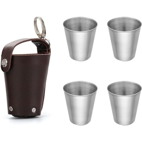 [NUNCA UTILIZADO]Vaso de chupito de acero inoxidable, vasos de chupito de acero inoxidable, mini vasos de chupito para acampar de 70 ml con estuche de cuero, para senderismo, picnic y camping. (1/5)