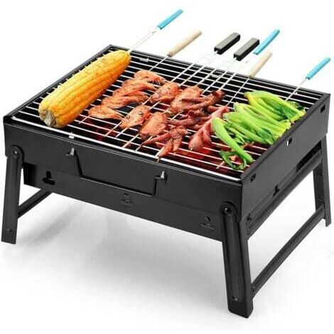 Barbacoa de carbón portátil de sobremesa, plegable, con 2 pinzas, de acero inoxidable, para exteriores, camping y picnic.