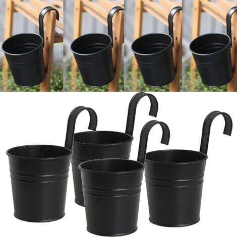 Juego de 4 macetas colgantes de metal negro con gancho extraíble para exterior, interior, valla, balcón, jardín y decoración del hogar. (1/4)