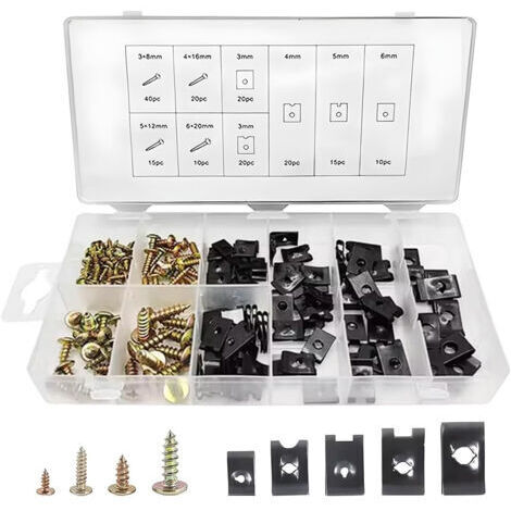170 tornillos para guardabarros de coche, clips en U negros con tornillos, tuercas de clip en U para coche, tornillos de carrocería para guardabarros de coche, tuercas y kits de fijación de clip en U (1/4)