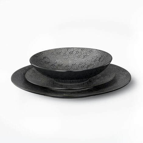 Service 18 pièces assiettes en grès texturé – Motifs floraux – 6 assiettes plates, 6 assiettes dessert, 6 assiettes salade