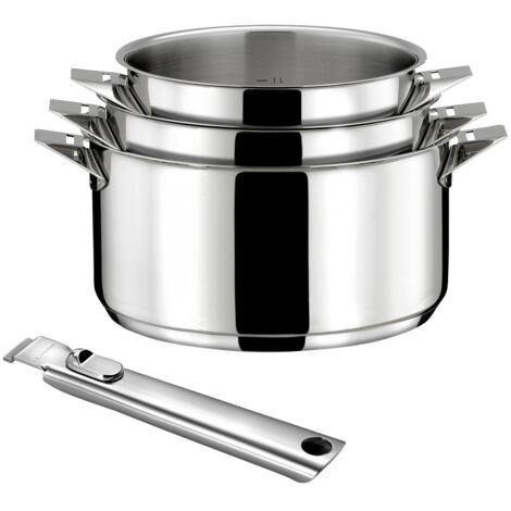 Série de 3 casseroles inox 16/18/20 cm – Fond encapsulé 6mm pour tous feux – Poignée amovible athermique – Empilables pour rangement optimal – Cuisinox (1/5)