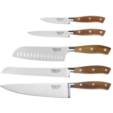 Set de 5 couteaux de cuisine en acier MOV – Lames polies pour tranchant rasoir – Manches en bois confortables