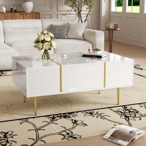 Mesa de centro auxiliar blanca alto brillo con 2 cajones, 100x60x42 cm