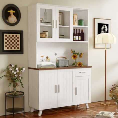 Aparador blanco, mueble alto de almacenaje con puertas de cristal, para recibidor, salón o cocina, 114x40x190 cm (1/5)