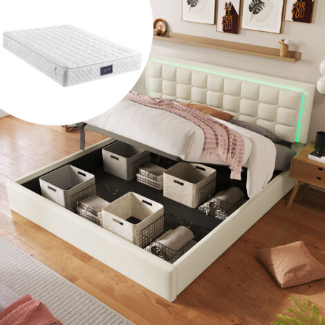 Cama canapé 160x200 cm, cama doble adulto con iluminación LED y almacenaje, en polipiel color beige, colchón incluido
