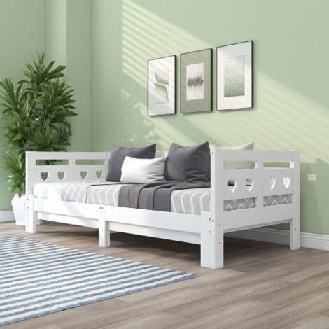 Sofá cama 90x200cm, cama nido, cama individual con 2ª zona para dormir y somier plegable, pino macizo, blanco, sin colchón