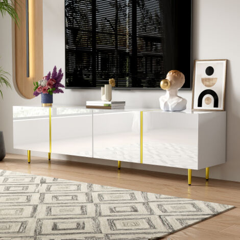Mueble de TV de 170 cm en blanco brillo con cuatro puertas, 170x35x46 cm
