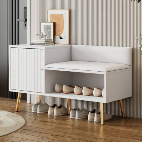 Banco zapatero blanco con cómodo asiento y almacenaje, 100x38x58 cm
