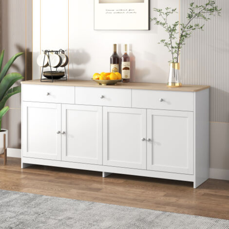 Aparador blanco, mueble con 4 puertas, 3 cajones, para salón y comedor, color blanco y madera, 160x37x75 cm
