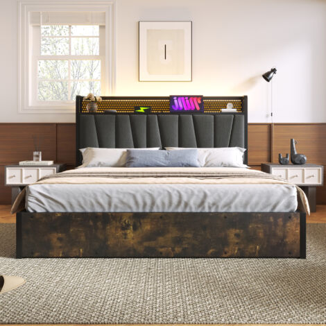 Cama canapé 160x200 cm cama de matrimonio tapizada, cama adulto con iluminación LED, carga USB y somier de láminas de madera maciza, metal gris, sin colchón