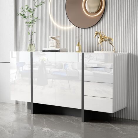 Aparador blanco de alto brillo, mueble de almacenaje con 2 puertas y 4 cajones, fácil de limpiar, para salón, comedor y cocina, 150x40x81 cm