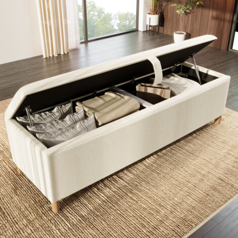 Banco de cama con espacio de almacenamiento, banco de cama 145 x 38 cm, aspecto de pana beige