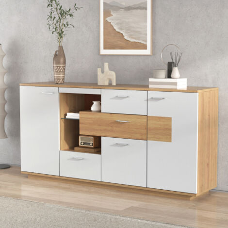 Aparador blanco, mueble con 4 puertas, 3 cajones, LED y balda de cristal, color blanco y madera, 160x40x77 cm
