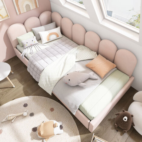 Sofá cama individual infantil de 90x200 cm, cama tapizada, diván con 2 cajones, estructura de metal, en terciopelo rosa, sin colchón.