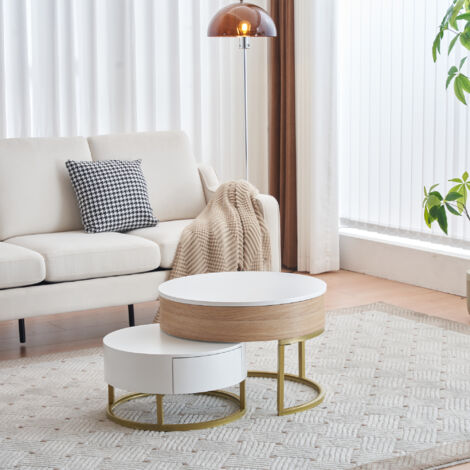 Conjunto de 2 mesas de centro nido elevables con 2 cajones, color blanco + natural 70x70x57 cm