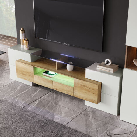 Mueble de TV blanco brillo, espacio de almacenamiento con iluminación LED para salón, 200 x 30 x 60 cm
