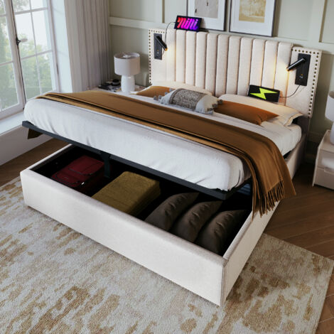 Cama canapé 140x200 cm, cama doble tapizada con lámpara de lectura, carga USB, cabecero y respaldo regulables, en algodón beige, sin colchón
