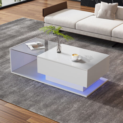 Mesa de centro cuadrada blanca brillante con tapas de cristal, cajones e iluminación LED, mesa de salón, 100x50x32 cm