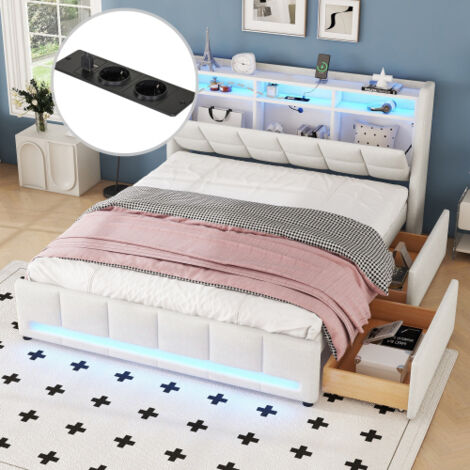 Cama adulto 140x200 cm tapizada de matrimonio, cama con cajones, iluminación LED, toma USB y compartimentos de almacenaje, tejido de lino beige, sin colchón (1/5)