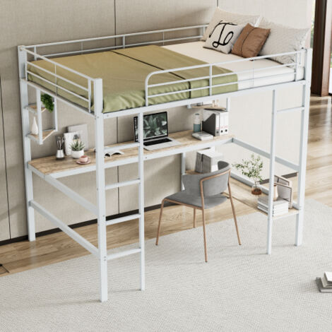 Cama alta 140x200 cm, cama doble con mesa, estantes y librería, metal, blanco, sin colchón