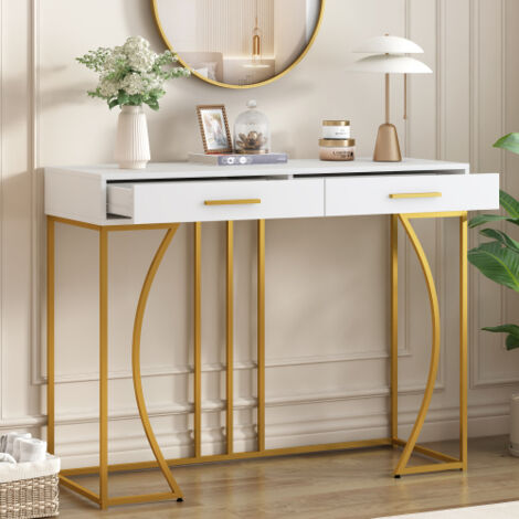 Consola, mesa de entrada, tocador alto con 2 cajones y patas metálicas regulables, para entrada, dormitorio y salón, blanco/oro, 110x32x85 cm
