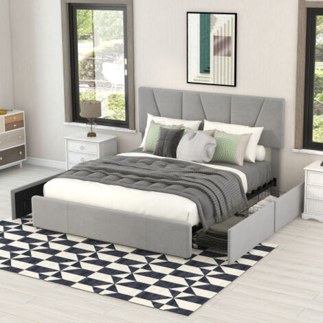 Camas con cajones 140x200 cm, cama de matrimonio con 4 cajones y cabecero regulable, madera de pino, color gris, sin colchón (1/5)