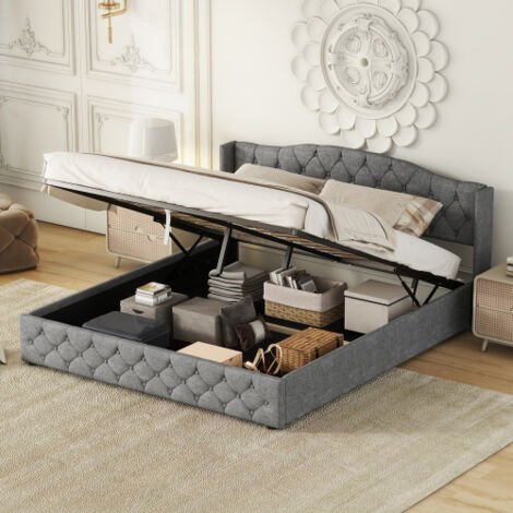 Camas con cajones 180x200 cm, cama para adulto con somier y espacio de almacenaje, tela de lino, gris, sin colchón