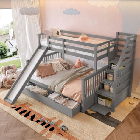 Litera 90/140 x 200 cm, cama infantil con cajones, espacio de almacenaje y tobogán, de madera, gris, sin colchón