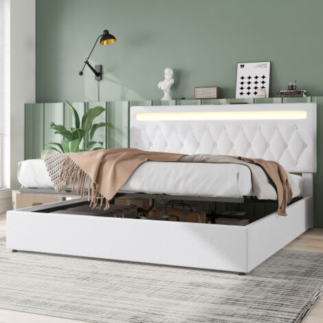 Camas con cajones 180x200 cm, cama para adultos con iluminación USB, toma USB y espacio de almacenaje, tela de lino beige, sin colchón