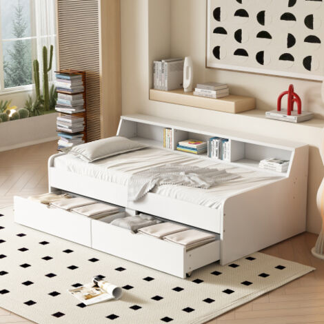 Camas con cajones 90x200 cm, cama infantil con 2 cajones, tejido de lino y MDF, color blanco, sin colchón