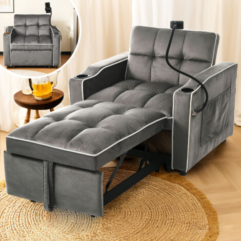 Sillón convertible en cama individual con portavasos y soporte para teléfono, gris oscuro, 83x167x76 cm