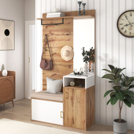 Perchero de entrada blanco y color madera con espejo, estante para zapatos, perchero de pared, banco y ganchos.