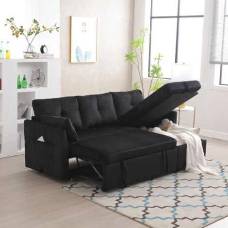 Sofá cama convertible con asiento de almacenaje y cama extraíble, sofá esquinero con chaise longue, sofá modular en forma de L, tapizado en terciopelo, negro
