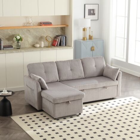 Sofá cama convertible con asiento de almacenaje y cama extraíble, sofá esquinero con chaise longue, sofá modular en forma de L, tapizado en terciopelo, gris claro