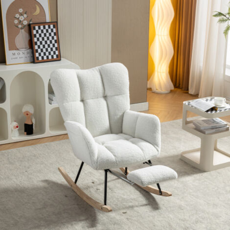 Sillón mecedor - sillón de descanso con bolsillo lateral y reposapiés retráctil para sala de estar - tapizado en tela Teddy - blanco