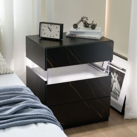 Mesitas de noche LED con 3 cajones y panel acrílico - negro y dorado
