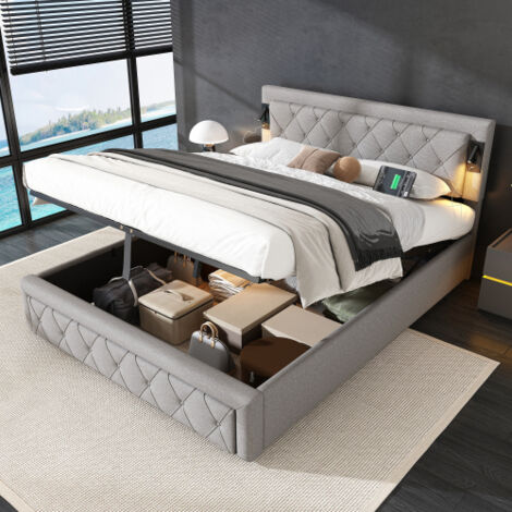 Camas con cajones - cama 160x200 cm - luz Integrada, USB, hidráulica - Lino gris - Sin colchón