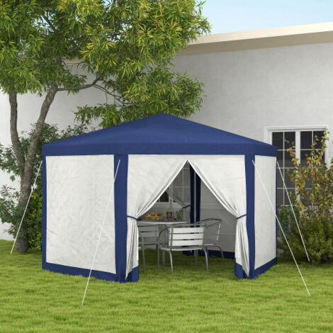 Toldo hexagonal 4x3m con 6 paredes laterales, impermeable estable anti-intemperie, para camping y jardín - Azul