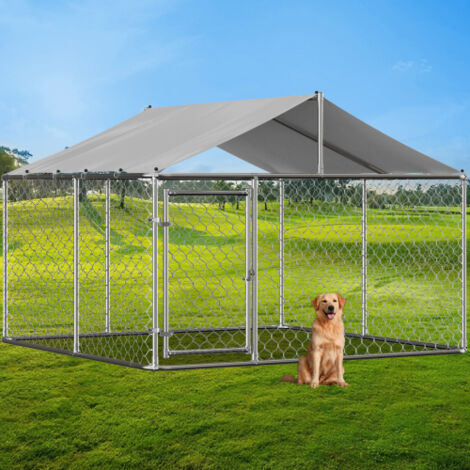 Corral exterior perros 230x230x117cm con techo, rejilla tubo acero galvanizado, puerta bloqueable, lona UV impermeable