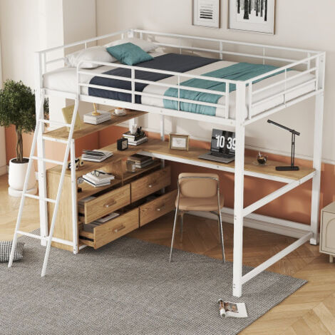 Litera alta 140x200 cm, cama de hierro con cajones y escritorio elegante, para niños y adolescentes, en metal blanco, sin colchón