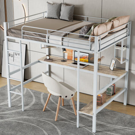Litera alta 90x200 cm, cama individual con mesa, estanterías y librería, en metal, blanco, sin colchón