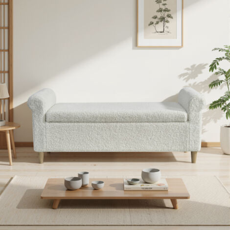 Reposapiés con almacenamiento 127x51x52 cm, acolchado en tela, taburete compacto, con tapa abatible, para salón o dormitorio - Blanco