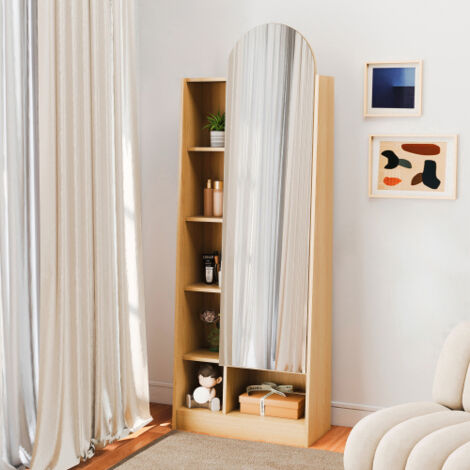 Armario, mueble de baño, zapatero, puerta espejo, placard con espacio de almacenamiento, estantes regulables, aspecto de madera natural, 60x28x165 cm (1/5)