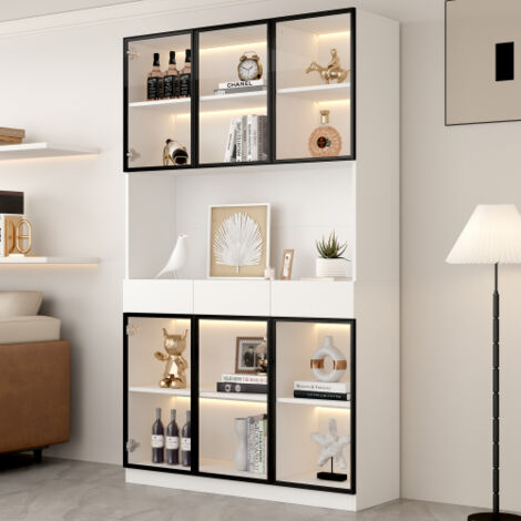 Vitrina alta con LED, 6 puertas y 3 cajones, blanca, 30x120x200 cm
