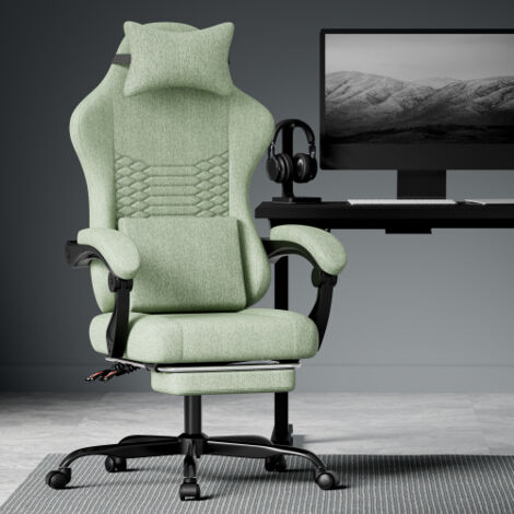 Silla gaming ergonómica de tela con reposacabezas, soporte lumbar y reposapiés retráctil, verde